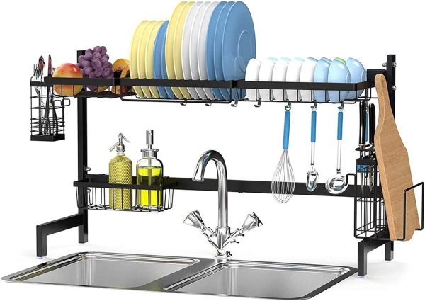 آبچکان Ace Teah Over The Sink Dish Drying Rack, Ace Teah Large Capacity Stainless Steel Rack with Utensil Holder Hooks for Kitchen Counter Top Black