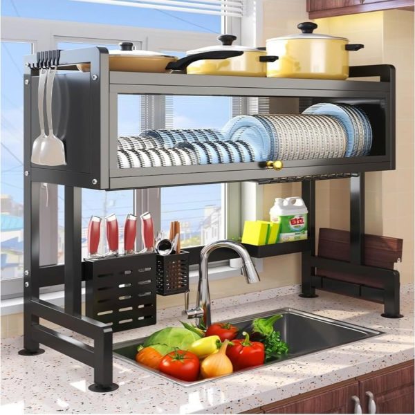آبچکان Heavy Duty Over The Sink Dish Drying, 3 Tier Metal Over The Counter Dish Drying Rack with Dust-Proof Cabinet,