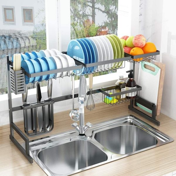 آبچکان Stainless Steel Dish Drying Rack Over Sink (Black)