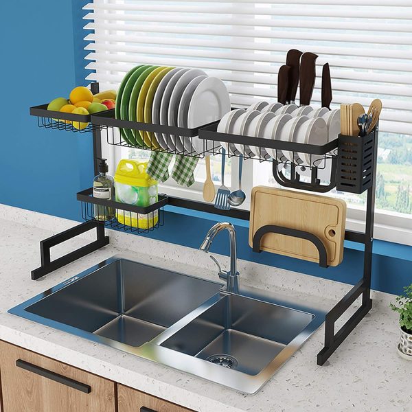 آبچکان  Showay 2 Tier Over Sink Dish Drying Rack 33.5''12.6''20.5'' Stainless Steel Kitchen Accessories Storage Shelf Above Sink With Utensils Holder Cutting Board Holder Hooks For Home Kitchen Matte Black