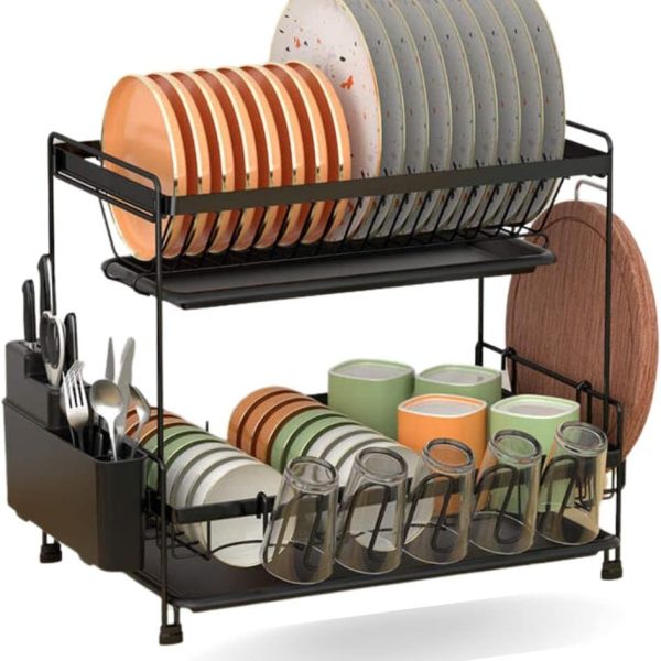 آبچکان  SFIX Dish Drying Stand 2 Tiers With Drainer Large Kitchen Dish Rack with Removable Cutting Board Holder Utensil
