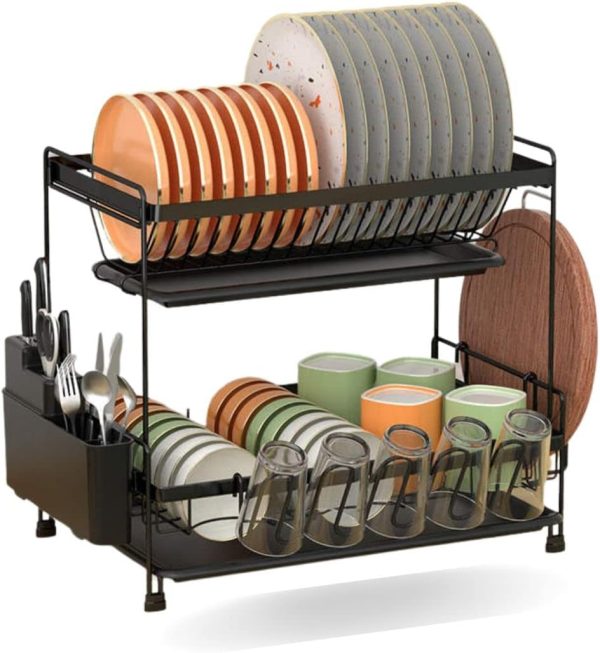 آبچکان  SFIX Dish Drying Stand 2 Tiers With Drainer Large Kitchen Dish Rack with Removable Cutting Board Holder Utensil