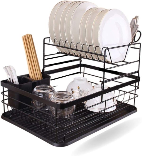 آبچکان SFIX Dish Drying Stand 2 Tiers With Drainer Large Kitchen Dish Rack with Removable Utensil Holder and Cup Holder Baking Paint Process Coatings Dish Drainer - تصویر 3
