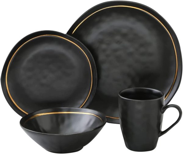 ظروف سرامیکی Stone Lain Clara Porcelain 16 Piece Round Dinnerware Set, Black, Black With Gold, Service For 4