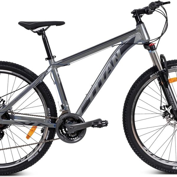 دوچرخه Mogoo Titan Aluminum Alloy Mountain Bike 27.5/29/26/24 Inch, 21-Speed Drivetrain, Bicycle Adult, Disc Brakes, Adjustable Seat, 21-Gear, Suspension MTB Cycle for Men and Women (27.5 inch, Grey)