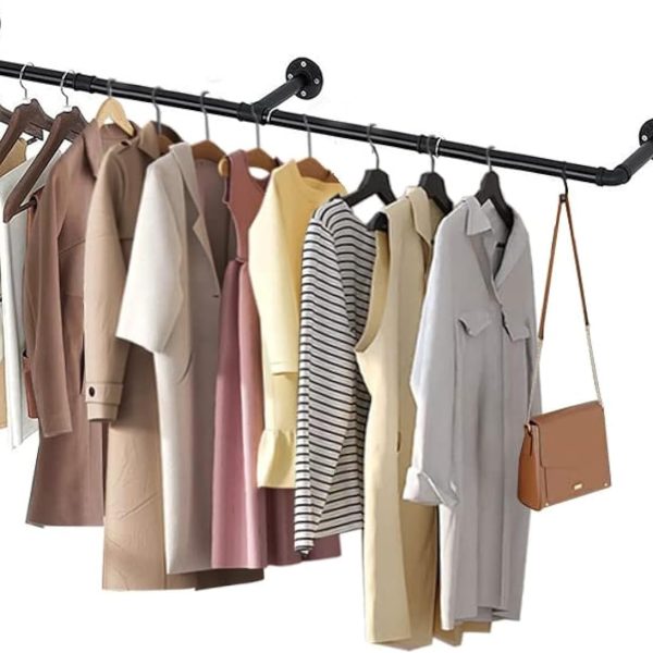 رگال Industrial Pipe Clothes Rack Industrial Garment Rack：Wall Mounted Metal Clothing Pipe with 3 Hooks