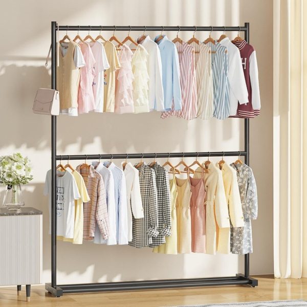 رگال SKY-TOUCH Double Rod Clothing Garment Rack : Double Level Clothes Rack Organizer with Bottom Shelf Large Load Capacity Metal Clothing Rack for Bedroom Hanging Clothes (150 * 182 * 40cm Black)