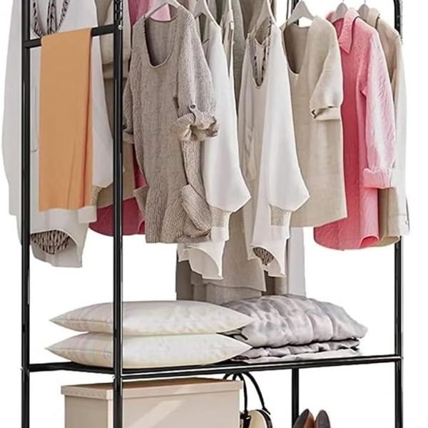 رگال medla Double Hanging Clothes Rack: Metal Clothing Rail with Wheels Open Wardrobe Clothes Rack Portable Rolling Garment Hanger with Shelf Clothing Drying Organizer Heavy Duty Coat Stand Rod Black