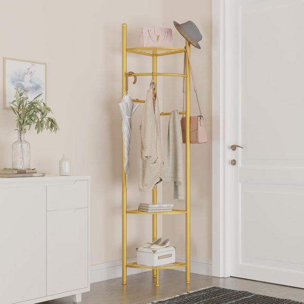 رگال medla metal Clothes Hanger Stand: Wood Cloth Rack with 4 Hanging Hooks and 3 Tier Shoe and Bag Storage Shelves Free Standing Coat Organizer for Hallway Home Office