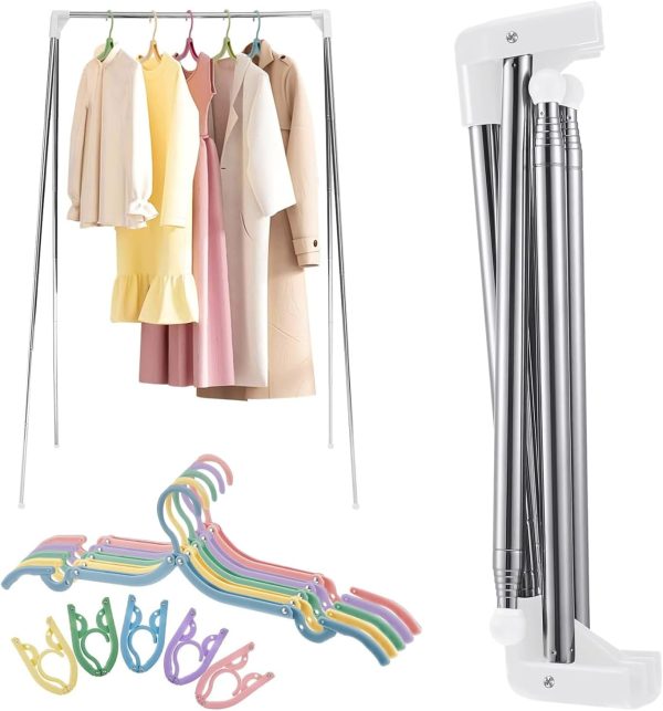 رگال Roll over image to zoom in Portable Clothes Rack, 33-72cm Lengthen Stainless Steel Foldable Garment Rack Collapsible Small Folding Clothing Rack and 5 Mini Clothes Hangers for Travel,Camping, Drying