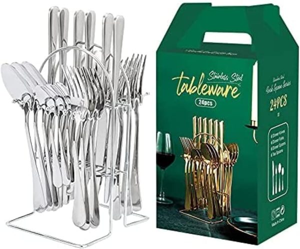 قاشق و چنگال 24 Pieces Stainless Steel Flatware Set with Stand, Cutlery Set Mirror Polished, Service for 6,