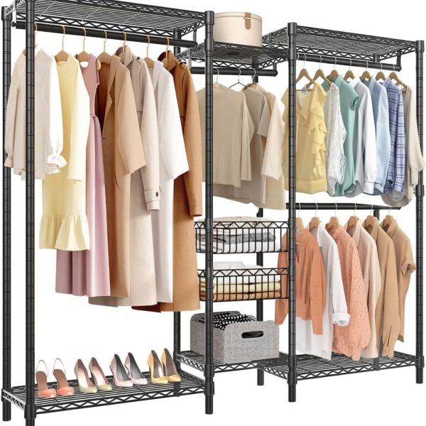 رگال Isyunen Garment Rack,Heavy Duty Clothes Rack for Hanging Clothes,Multi-Functional Bedroom Clothing Rack Freestanding Closet Wardrobe Rack (Black, Type A)