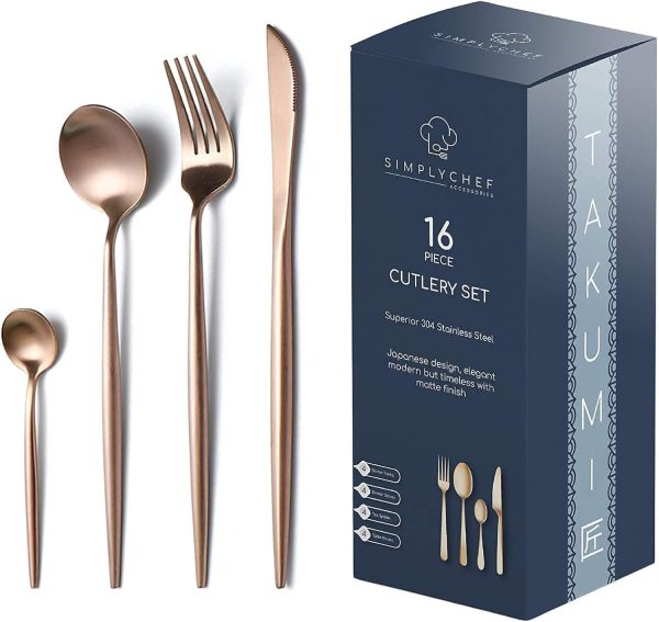 قاشق و چنگال ROSE GOLD TAKUMI | Japanese style| Modern Cutlery Set | Silverware| Flatware Set 16 Piece Stainless Steel by SimplyChef