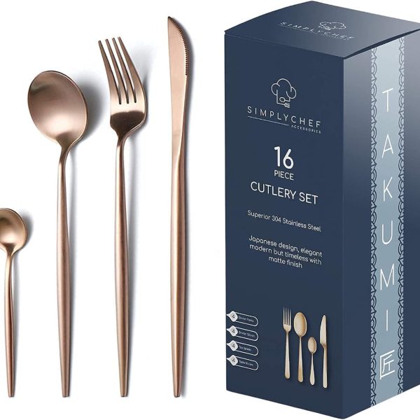 قاشق و چنگال ROSE GOLD TAKUMI | Japanese style| Modern Cutlery Set | Silverware| Flatware Set 16 Piece Stainless Steel by SimplyChef