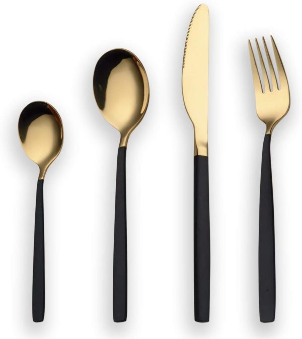 قاشق و چنگال Berglander 24 Piece Titanium Black and Gold Plated Stainless Steel Silverware Set,Black Handle with Golden Mouth Flatware Set Black and Golden Cutlery Set Service for 6 (Shiny Black Golden)