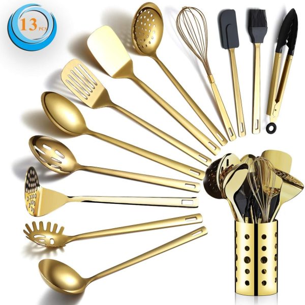 کفگیر و ملاقه Berglander Gold Cooking Utensils Set, Stainless Steel 13 Pieces Kitchen Utensils Set with Titanium Gold Plating