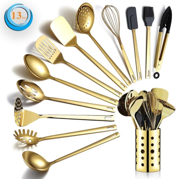 کفگیر و ملاقه Berglander Gold Cooking Utensils Set, Stainless Steel 13 Pieces Kitchen Utensils Set with Titanium Gold Plating