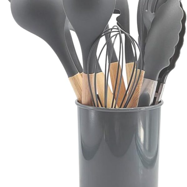 کفگیر و ملاقه SHOPPING VIBES 12PCS Kitchen Utensil Set Silicone Cooking Utensils Kit Spatula Heat Resistant Wooden Spoons Gadgets Tool for Non-Stick Cookware (Grey)