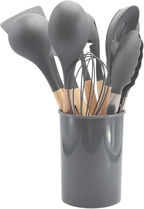 کفگیر و ملاقه SHOPPING VIBES 12PCS Kitchen Utensil Set Silicone Cooking Utensils Kit Spatula Heat Resistant Wooden Spoons Gadgets Tool for Non-Stick Cookware (Grey)