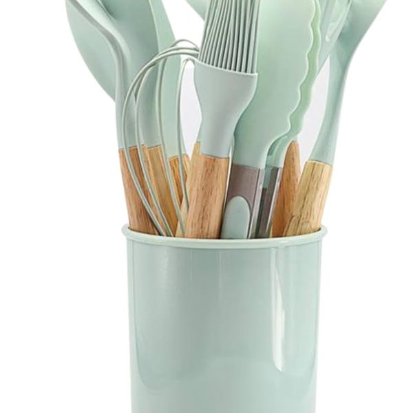 کفگیر و ملاقه SHOPPING VIBES 12PCS Kitchen Utensil Set Silicone Cooking Utensils Kit Spatula Heat Resistant Wooden Spoons Gadgets Tool for Non-Stick Cookware (Light Green)