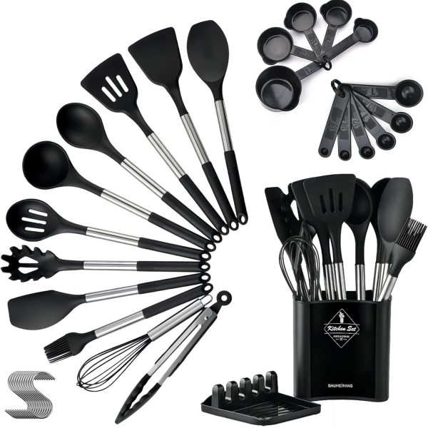 کفگیر و ملاقه EYSOO Kitchen Cooking Utensils 34 Pcs Set Silicone Kitchen Gadgets Tools Set with Holder for Non-stick Cookware Heat-resistant Silicone Spatula Tools Set with Stainless Steel Handle (Black)