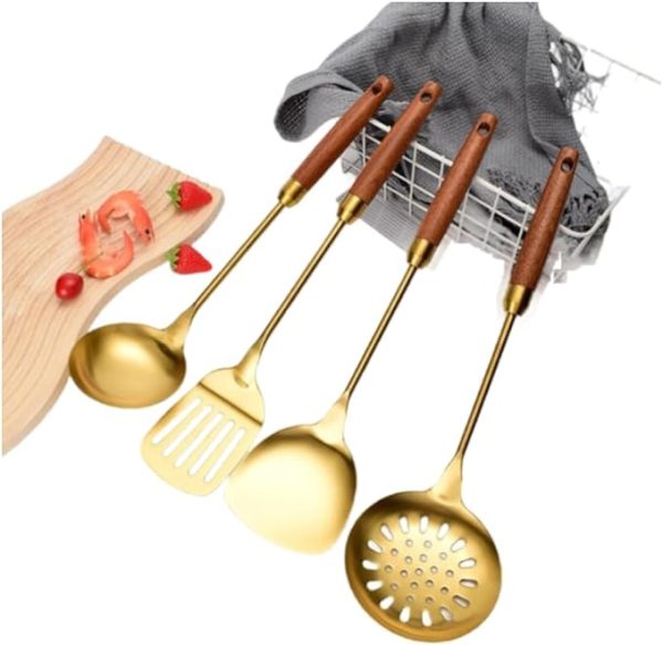 کفگیر و ملاقه LAVISHINE Stainless Steel Kitchenware Four Pieces Set (Brown Gold) Cooking Utensils 4 Pcs