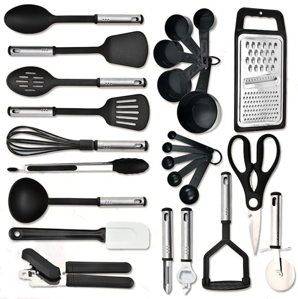 کفگیر و ملاقه Exrp 25pc Kitchen Utensils Set - Nylon & Stainless Steel Cooking Utensils Set - Non-Stick Kitchen Utensils with Spatula - Kitchen Gadgets Cookware Set - Kitchen Tools Set