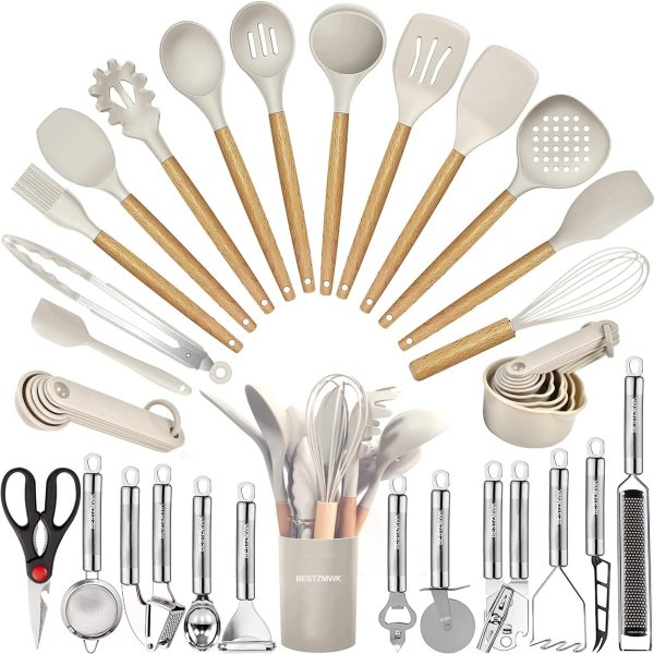 کفگیر و ملاقه Kitchen Utensils Set- 35 PCs Cooking Utensils with Grater,Tongs, Spoon Spatula &Turner Made of Heat Resistant Food Grade Silicone and Wooden Handles Kitchen Gadgets Tools Set for Nonstick Cookware
