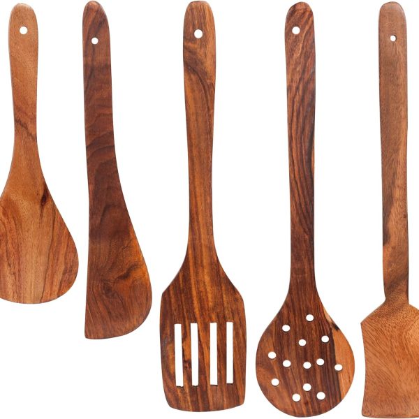 کفگیر و ملاقه OLYNO® Thavi Set Of 5 Wooden Spoonns - Durable Long Utensils