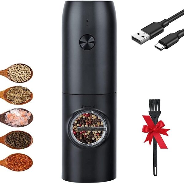 قهوه ساب FIDECO Electric Pepper Mill, Rechargeable Automatic Pepper and Salt Grinder with Bright LED Light, Adjusted Coarseness, One-Hand Operated Automatic Grinder, USB Cable Included