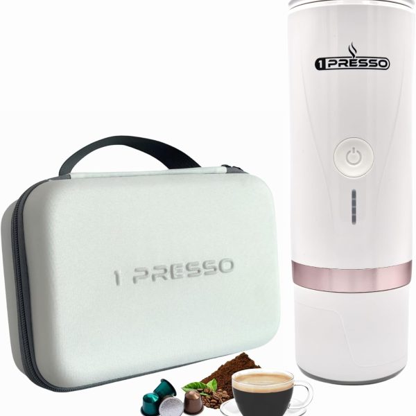 قهوه ساب 1Presso Portable Espresso Coffee machine - Self heating, Compatible with capsules and coffee powder, 20 bar pump, Portable coffee maker perfect for outdoor, travel, car, office and home (White)