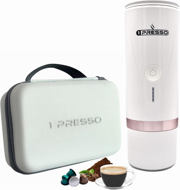 قهوه ساب 1Presso Portable Espresso Coffee machine - Self heating, Compatible with capsules and coffee powder, 20 bar pump, Portable coffee maker perfect for outdoor, travel, car, office and home (White)