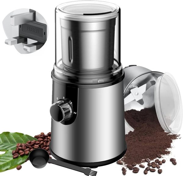 قهوه ساب [Upgrade]Coffee Grinder Electric,Electric Spice Grinder with 304 Stainless Steel Blades Removable Bowls,350W Motor Coffee Bean Machine with Spoon Brush for Coffee Beans,Nuts,Pepper (Silver)