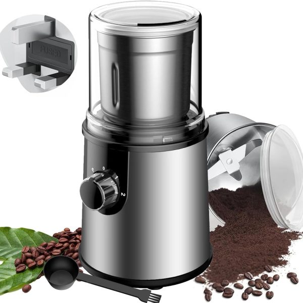 قهوه ساب [Upgrade]Coffee Grinder Electric,Electric Spice Grinder with 304 Stainless Steel Blades Removable Bowls,350W Motor Coffee Bean Machine with Spoon Brush for Coffee Beans,Nuts,Pepper (Silver)