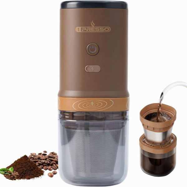 قهوه ساب 1Presso Portable Coffee Grinder and Pour over V60 Coffee Machine - Stainless Steel Conical Burr with 25 Grind Setting, Reuseable V60 Filter and Cup, Perfect for Outdoors, Office and Home (Brown)