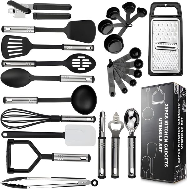 کفگیر و ملاقه SHOPPING VIBES Premium Chef-Grade Kitchen Utensils: Food-Safe Stainless-Steel Set of 25 pcs for Newlyweds & Cooking Enthusiasts
