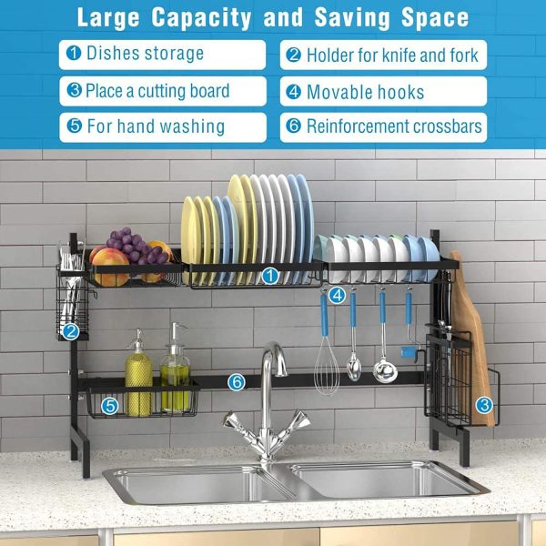 آبچکان Ace Teah Over The Sink Dish Drying Rack, Ace Teah Large Capacity Stainless Steel Rack with Utensil Holder Hooks for Kitchen Counter Top Black - تصویر 3
