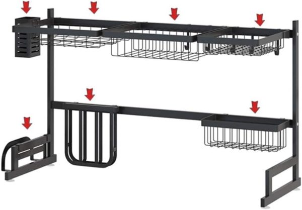 آبچکان XCSOURCE Over Sink Dish Drying Rack Kitchen Counter Storage Shelf Drainer Organizer Utensils Holder Stainless Steel, Blac - تصویر 3