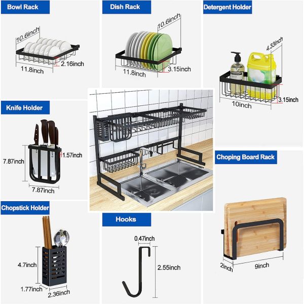 آبچکان  Showay 2 Tier Over Sink Dish Drying Rack 33.5''12.6''20.5'' Stainless Steel Kitchen Accessories Storage Shelf Above Sink With Utensils Holder Cutting Board Holder Hooks For Home Kitchen Matte Black - تصویر 3