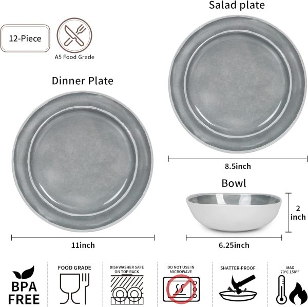 ظروف سرامیکی Melamine Dinnerware Set - 12pcs Dishes Dinnerware Set for 4, - تصویر 3