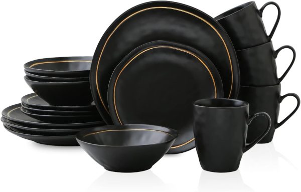 ظروف سرامیکی Stone Lain Clara Porcelain 16 Piece Round Dinnerware Set, Black, Black With Gold, Service For 4 - تصویر 3