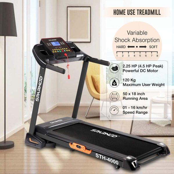 تردمیل Sparnod fitness STH-4000 Series 4.5 HP Peak Automatic Foldable Motorized Running Indoor Treadmill for Home use (Free Installation Service), Black - تصویر 3