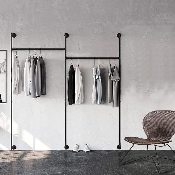 رگال medla Industrial Wall Clothes Rack: Large Cloth Hanging Rail Stand Pipe Clothing Drying Rack Heavy Duty Dress Storage Shelf for Laundry Room Home Store 190×205cm - تصویر 3
