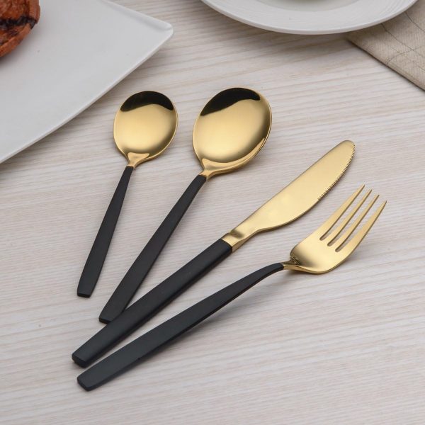 قاشق و چنگال Berglander 24 Piece Titanium Black and Gold Plated Stainless Steel Silverware Set,Black Handle with Golden Mouth Flatware Set Black and Golden Cutlery Set Service for 6 (Shiny Black Golden) - تصویر 3