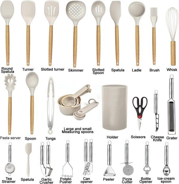 کفگیر و ملاقه Kitchen Utensils Set- 35 PCs Cooking Utensils with Grater,Tongs, Spoon Spatula &Turner Made of Heat Resistant Food Grade Silicone and Wooden Handles Kitchen Gadgets Tools Set for Nonstick Cookware - تصویر 3