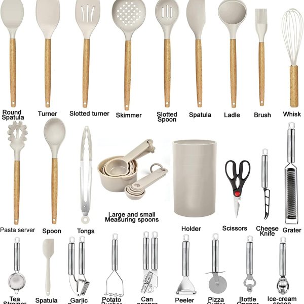 کفگیر و ملاقه EYSOO Kitchen Cooking Utensils 34 Pcs Set Silicone Kitchen Gadgets Tools Set with Holder for Non-stick Cookware Heat-resistant Silicone Spatula Tools Set with Stainless Steel Handle (Beige)