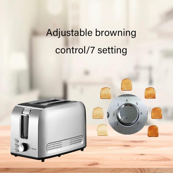 تستر Homey Stainless Steel 2-Slice Toaster - Reheat, Cancel, Defrost Functions - Adjustable Browning Control - Easy Cleaning, Cord - تصویر 4
