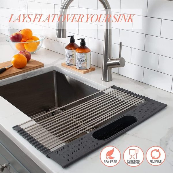 آبچکان   Click to open expanded view AMERTEER Sink Drying Rack Roll Up | RollUp Dish Drying Rack Over the Sink | Roll Up Drying Rack with Utensil Holder - تصویر 4