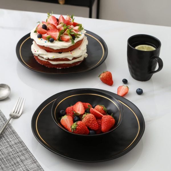 ظروف سرامیکی Stone Lain Clara Porcelain 16 Piece Round Dinnerware Set, Black, Black With Gold, Service For 4 - تصویر 4