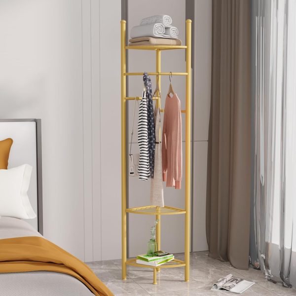 رگال medla metal Clothes Hanger Stand: Wood Cloth Rack with 4 Hanging Hooks and 3 Tier Shoe and Bag Storage Shelves Free Standing Coat Organizer for Hallway Home Office - تصویر 4